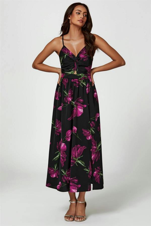 FS Collection Floral Print Maxi Dress In Black