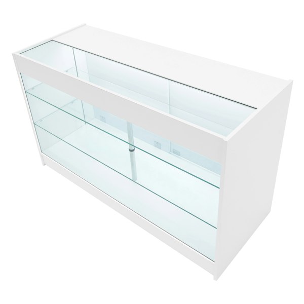 White LED shop counter set featuring sleek glass shelves, modern design, and illuminated display space for showcasing products