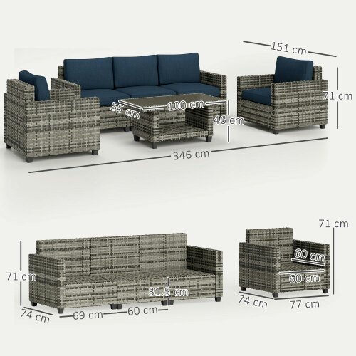 Wyld Haus Sacoel Navy Blue and Grey Rattan 5 Seater Outdoor Sofa Set
