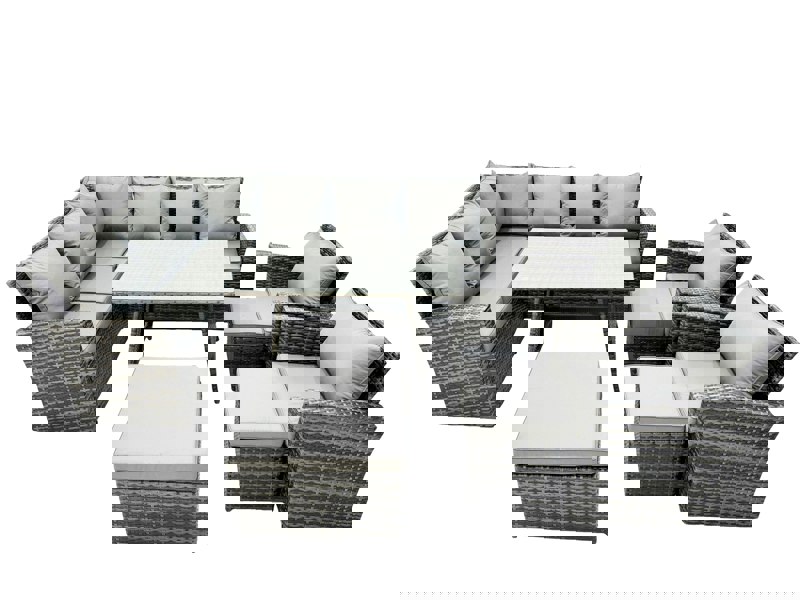 Fimous 11 Seat Rattan High Back Corner Sofa Set Patio Dining Table Set with 3 Stools Dark Grey Mixed