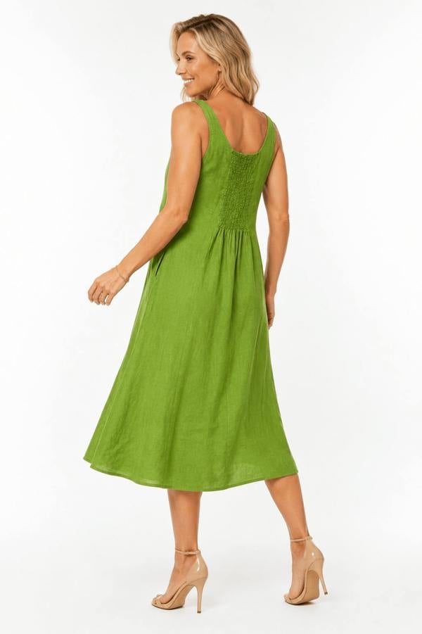 Claudio Lugli Sleeveless Scoop-Neck Linen Midi Dress with Pockets