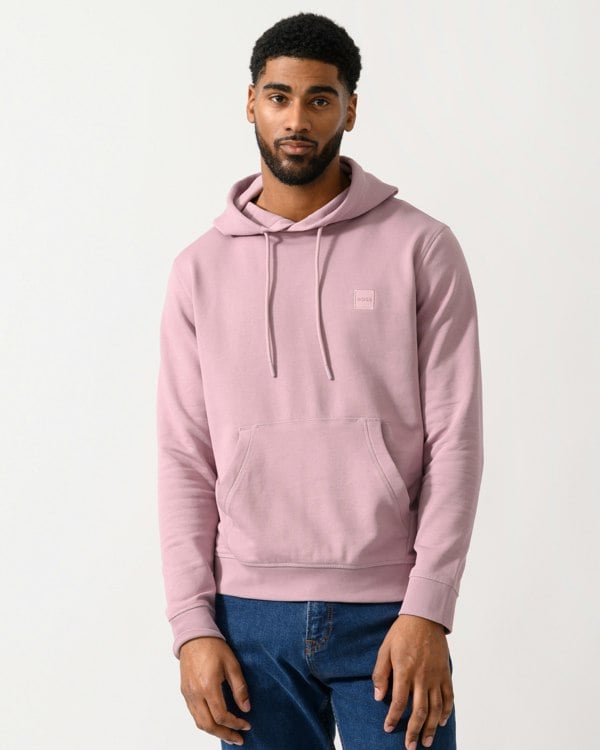 Model wearing a BOSS Orange Wetalk Mens Pullover Hoodie With Logo Patch in Light/Pastel Purple