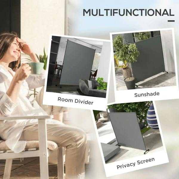 Dark grey privacy screen on wheeled stand for room division and outdoor shade