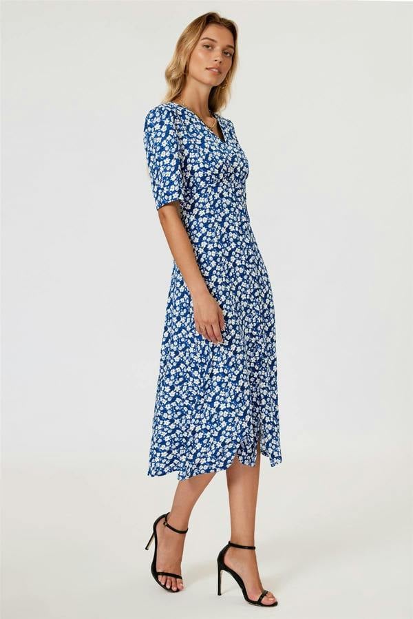 FS Collection Floral Print Button Front Midi Dress In Blue