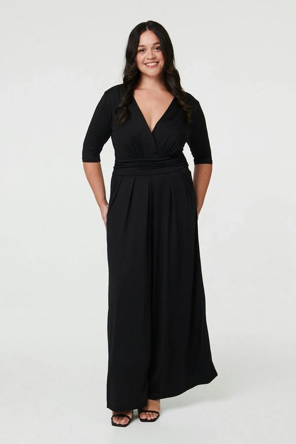 Black | Curve 1/2 Sleeve Wrap Wide Leg Jumpsuit
