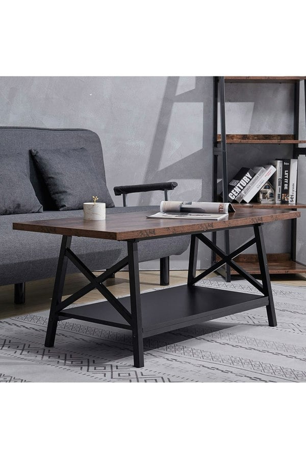 Living and Home 2 Tier Industrial Style Coffee Table with Storage Shelf