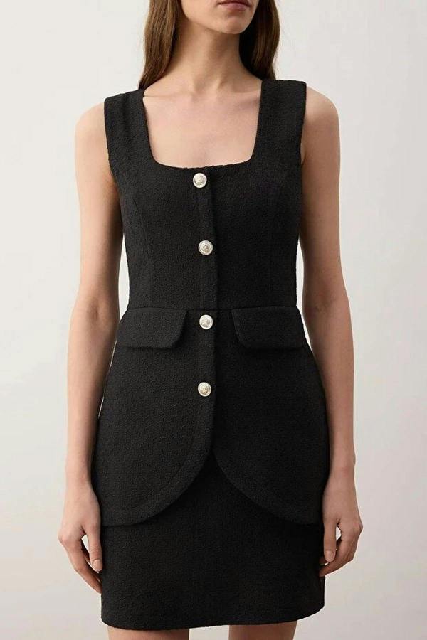 WOVCOR Premium Tweed Mini Woven Dress with Button Detail