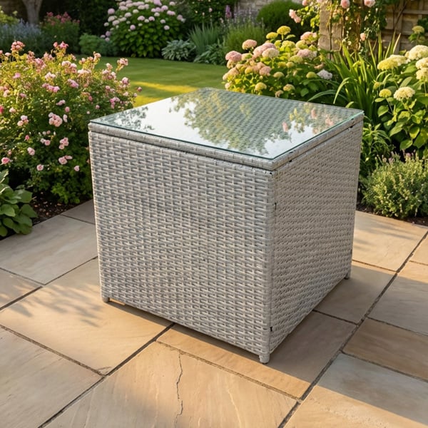 Fimous Light Grey Rattan Cube Side Table Tea Coffee Table Outdoor Garden Furniture Accessory With Clear Tempered Glass