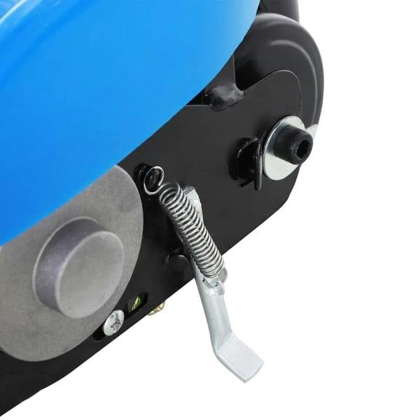 Blue electric kids scooter kickstand spring and side bracket detail