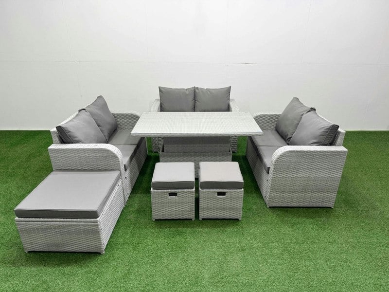 Fimous  9 Seater PE Wicker Rattan Furniture Sofa Sets with Adjustable Lifting Dining or Coffee Table 2 Seater Love Sofa 3 Stool Light Grey