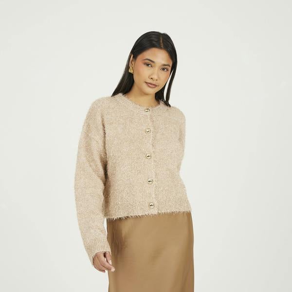 Brave Soul Gold Fluffy Tinsel Knit Cardigan - Gold Image 1