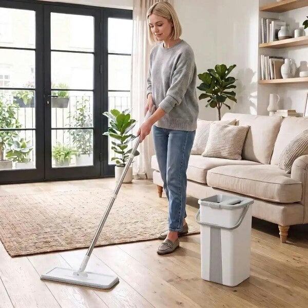 Bobobiy Mop and Bucket Set, Compact Flat Mop System with Wringer, 2-Chamber Design, 5 Reusable Pads, 127cm Handle, White