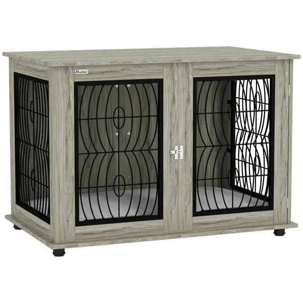 Grey dog crate furniture table with two black metal wire doors and lockable latch