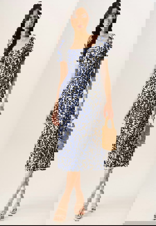 Gini London Blue Short Puff Sleeve Split Hem Midi Dress