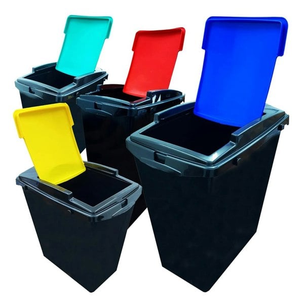 Set Of 3 Black Base 40 Litre Recycling Waste Utility Interlocking Bins With Colour Coded Lids