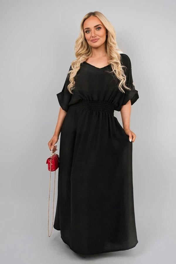 Zamara V Neck Short Sleeve Maxi Dress With Button Detail - Black