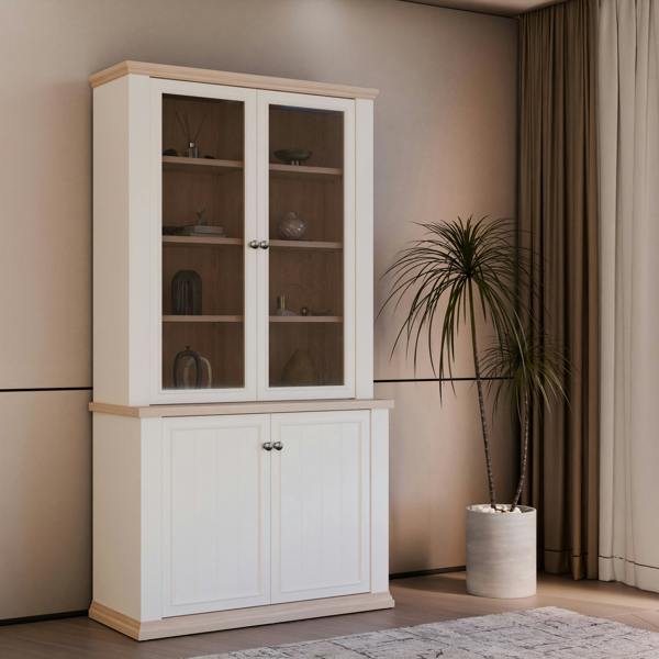 Furniture To Go Pontypool 4 Door Display Cabinet in White and Riva Oak