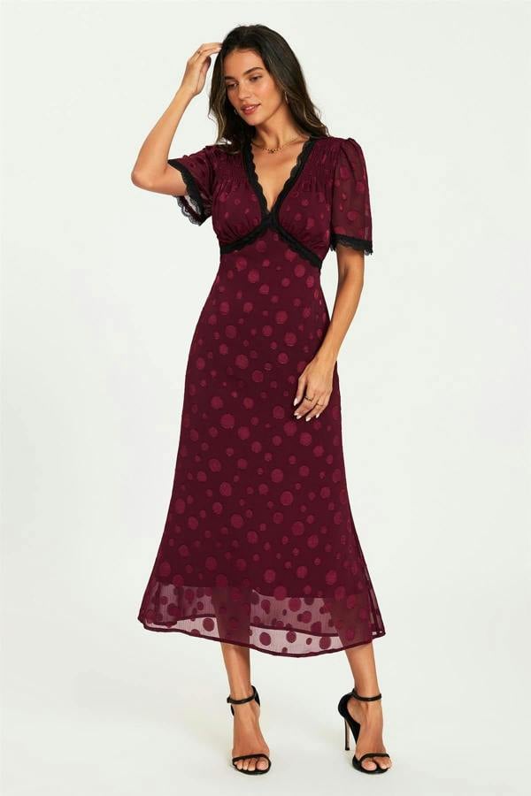 FS Collection Polka Dot Jacquard Lace Trim Midi Dress In Wine