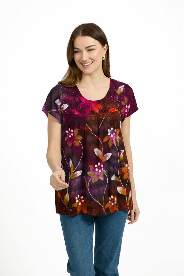 Mudflower Painted Floral Embellished Tie Dye Top