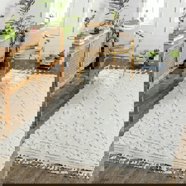 Livabliss Nora-Geometric Grey Ivory High Pile Fringe Rug