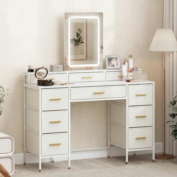 Multi-Storage Elegant Dressing Table, with LED Mirror - White - White