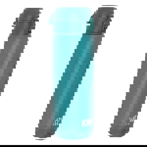 A teal plastic water bottle sits against a white background. The bottle has a hinged, textured lid and the word "ION8" is printed near the base.