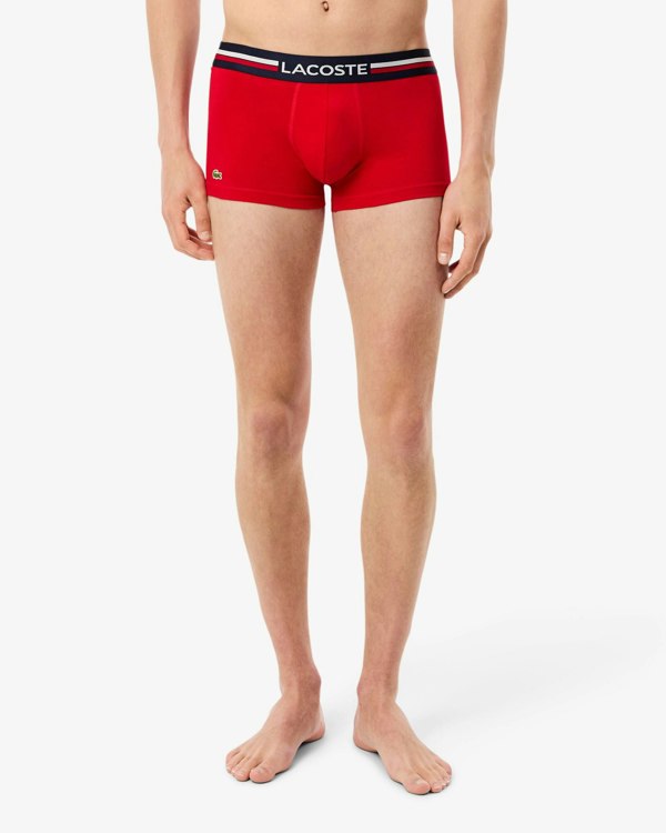 Lacoste 3-Pack Tricolour Waist Stretch Cotton Mens Trunks - Navy Blue/Silver Chine-Red W34