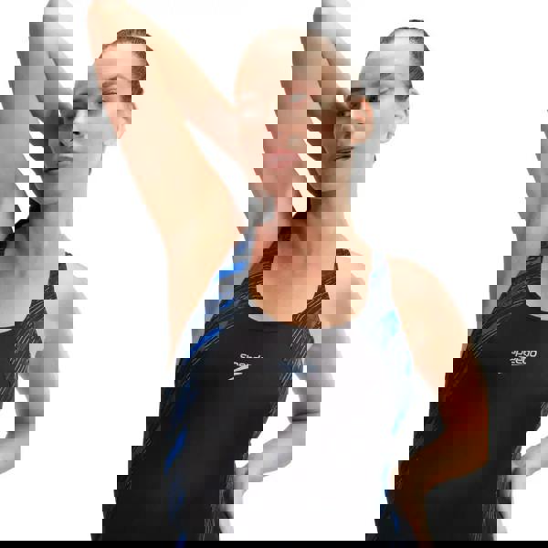 Black and blue Speedo Hyperboom Splice Muscleback swimsuit with geometric pattern