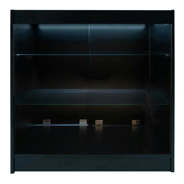 Black Apollo LED shop counter set featuring sleek glass shelves and illuminated interior, ideal for showcasing products