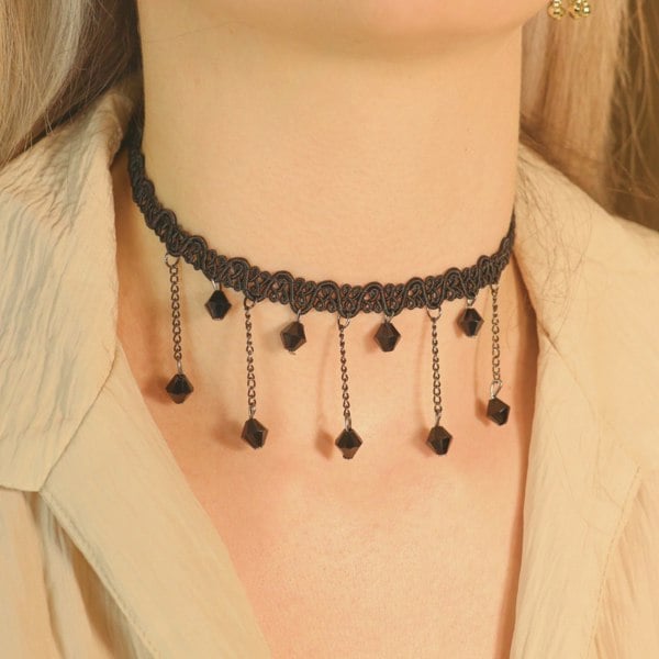 The Colourful Aura Black Beaded Lace Victorian Gothic Emo Halloween Dangle Choker Necklace