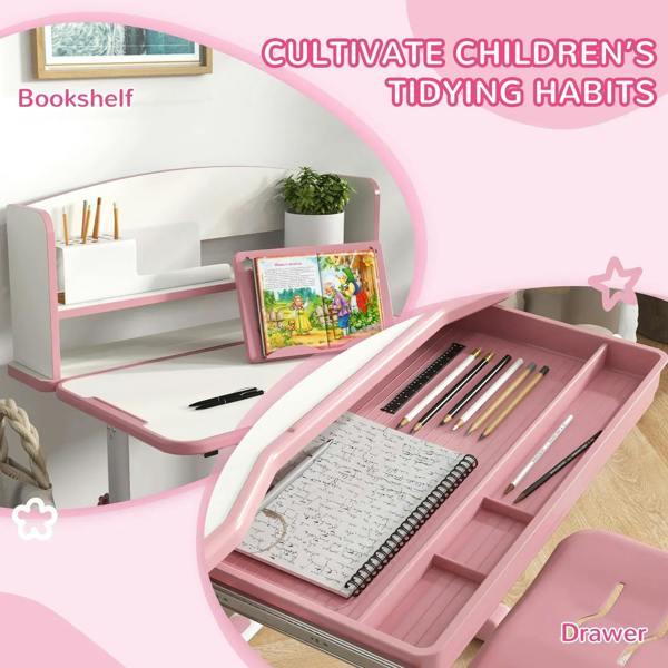 Pink kids study desk with open drawer writing tray and matching chair