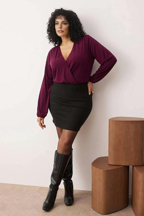 WOVCOR Balloon Sleeve Wrap Collar Knitted Blouse