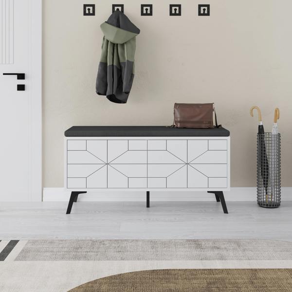 Decortie Modern Dune Shoe Storage Bench with Fabric Seat 4 Doors Cabinet 107(W)cm Metal Legs Organizer Hallway