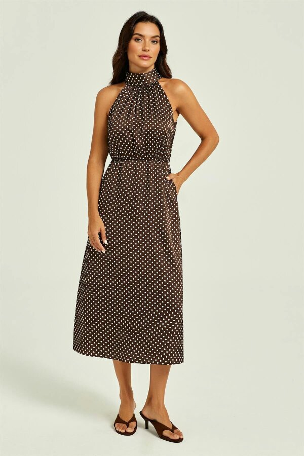 FS Collection Polka Dot Halterneck Tie Back Midi Dress In Brown