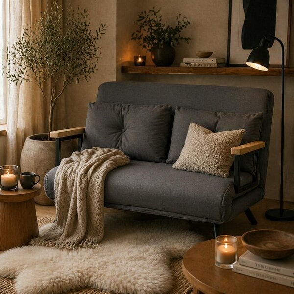 Wyld Haus Dima Velvet Dark Grey 4 In One Convertible Double Sofa Bed With Cushions and Wooden Armrests