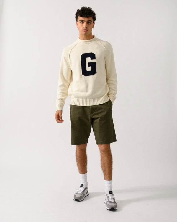 GANT Mens Intarsia G Logo Crew Neck Jumper - 130 Cream - CHO - Designer Mens Sweatshirts