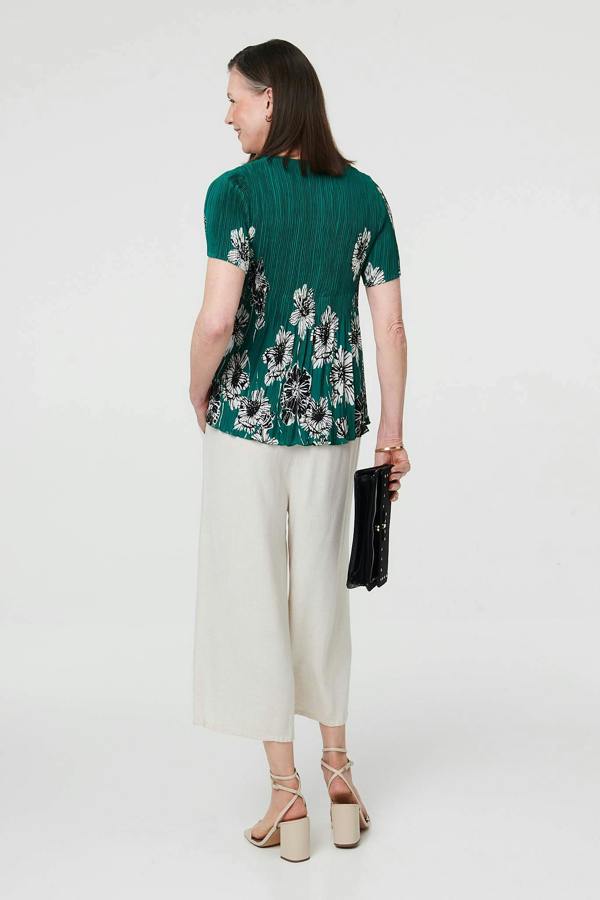 Green | Floral Pleated Texture Short Sleeve Top