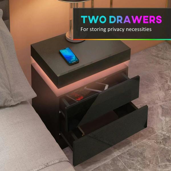 Black high-gloss LED bedside table with two drawers and multicolor under-top glow
