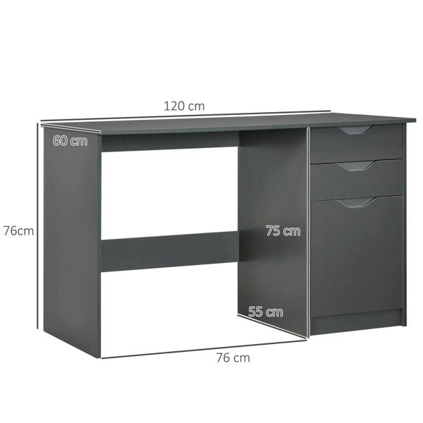 Grey computer desk with open center shelf and side drawer cabinet, 120x60cm