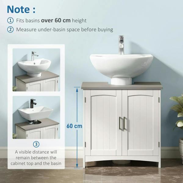 White under-sink vanity cabinet with double doors and gray countertop surface