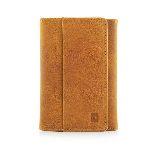 A sleek and functional yellow leather trifold wallet, featuring a smooth exterior with a small embossed logo, designed for secure and compact storage of essentials.