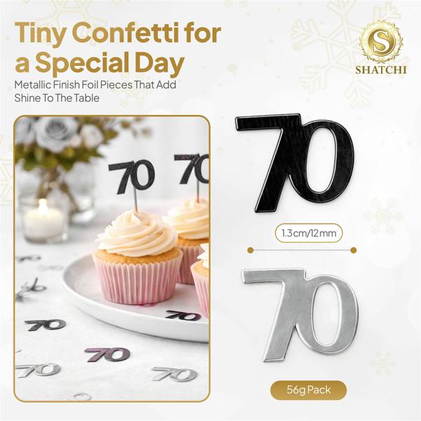 70th Birthday Black and Silver Metallic Confetti Decoration Set for Table Styling image 1