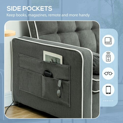 Wyld Haus Tapa Linen Effect Dark Grey Upholstered 2 Seater Sofa Bed White Trim