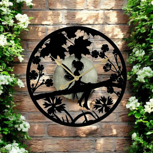 EDH Door Hardware Fairy in Forest Silhouette Wall Clock – Large Metal Decorative Indoor & Outdoor Clock for Garden, Living Room and Patio