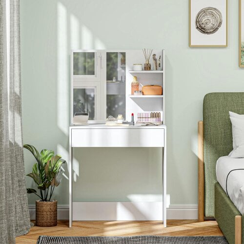 Wyld Haus Ketoli White Dressing Table With Mirror And Integrated Storage Compartments
