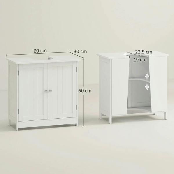 White under-sink cabinet with double doors, side view showing opening and dimensions