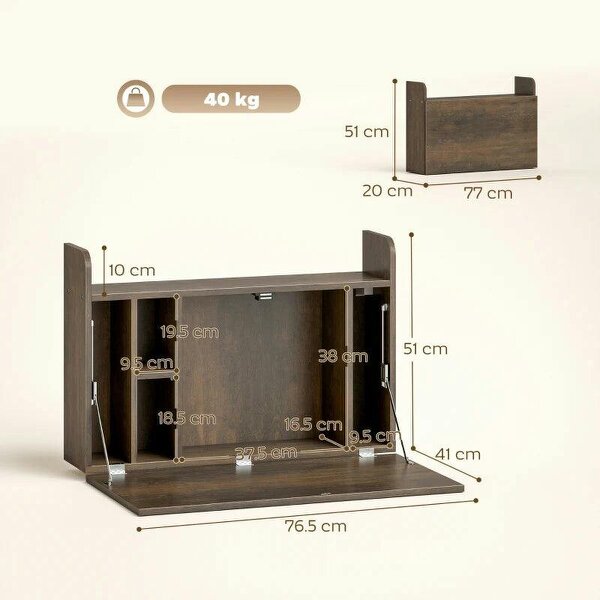 Wall Mounted Desk, Drop Leaf Floating Laptop Desk with Space Saving Storage Compartments for Home Office, Dark Brown