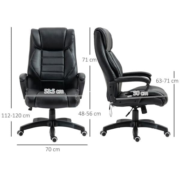 Black office chair with padded headrest, armrests, and front-to-side size diagram