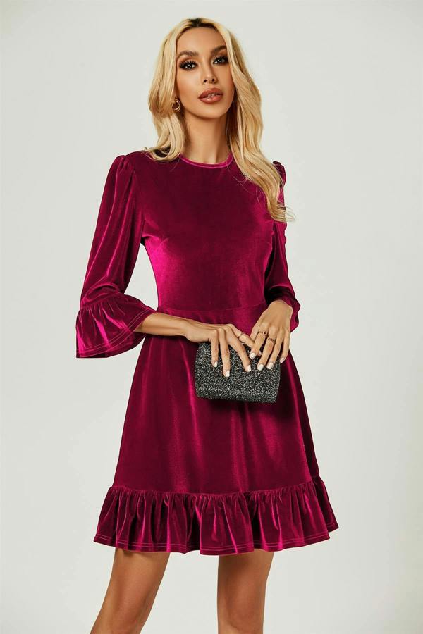 FS Collection Velvet Frill Detail Mini Dress In Violet