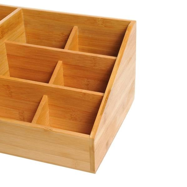 Bamboo desk organizer interior with multiple divider sections for stationery